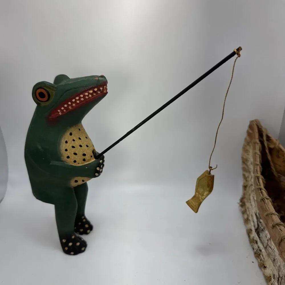 Indonesian Hand Carved Folk Art Alligator VTG Primitive Style Wood W Canoe, Fish
